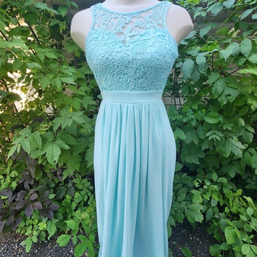 Aqua Blue Lace‎ Top Maxi Dress Sleeveless Open Back Party Prom Cocktail